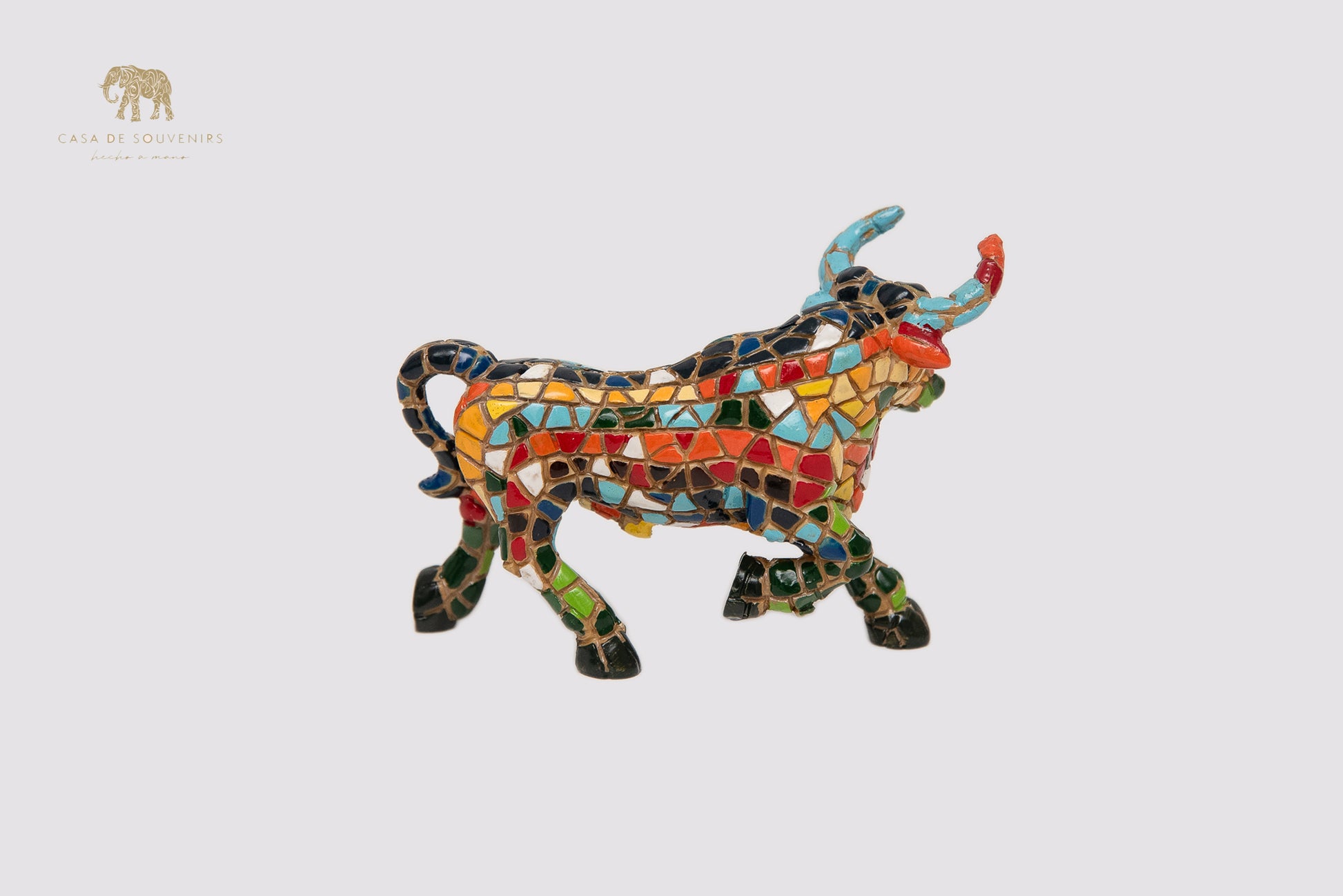 Mosaic Blue Bull Statue With Big Horns made with marble dust and with enamel. It's the best collection in Spain.