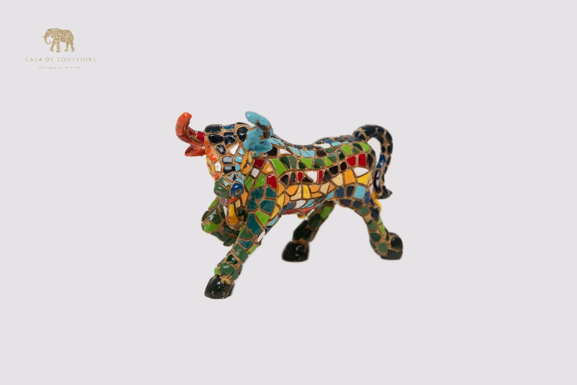 Mosaic Blue Bull Statue With Big Horns made with marble dust and with enamel. It's the best collection in Spain.