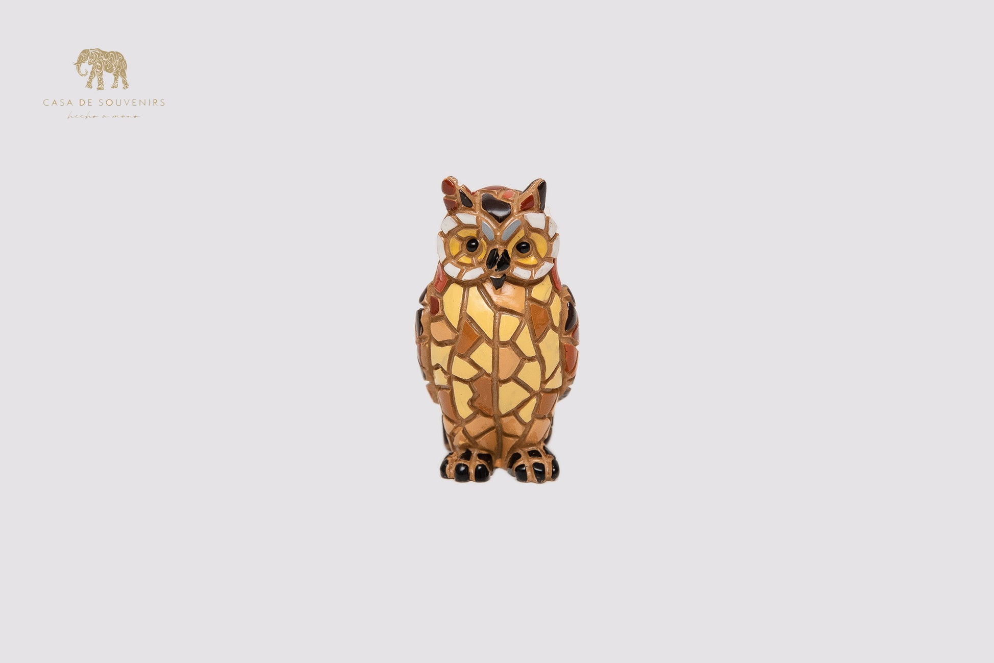 Mosaic Owl Beige Statue With Beautiful Colors made with marble dust and with enamel. It's the best collection in Spain.