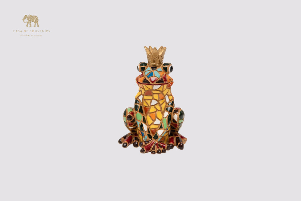 Mosaic King Frog Statue With Beautiful Colors made with marble dust and with enamel. It's the best collection in Spain.