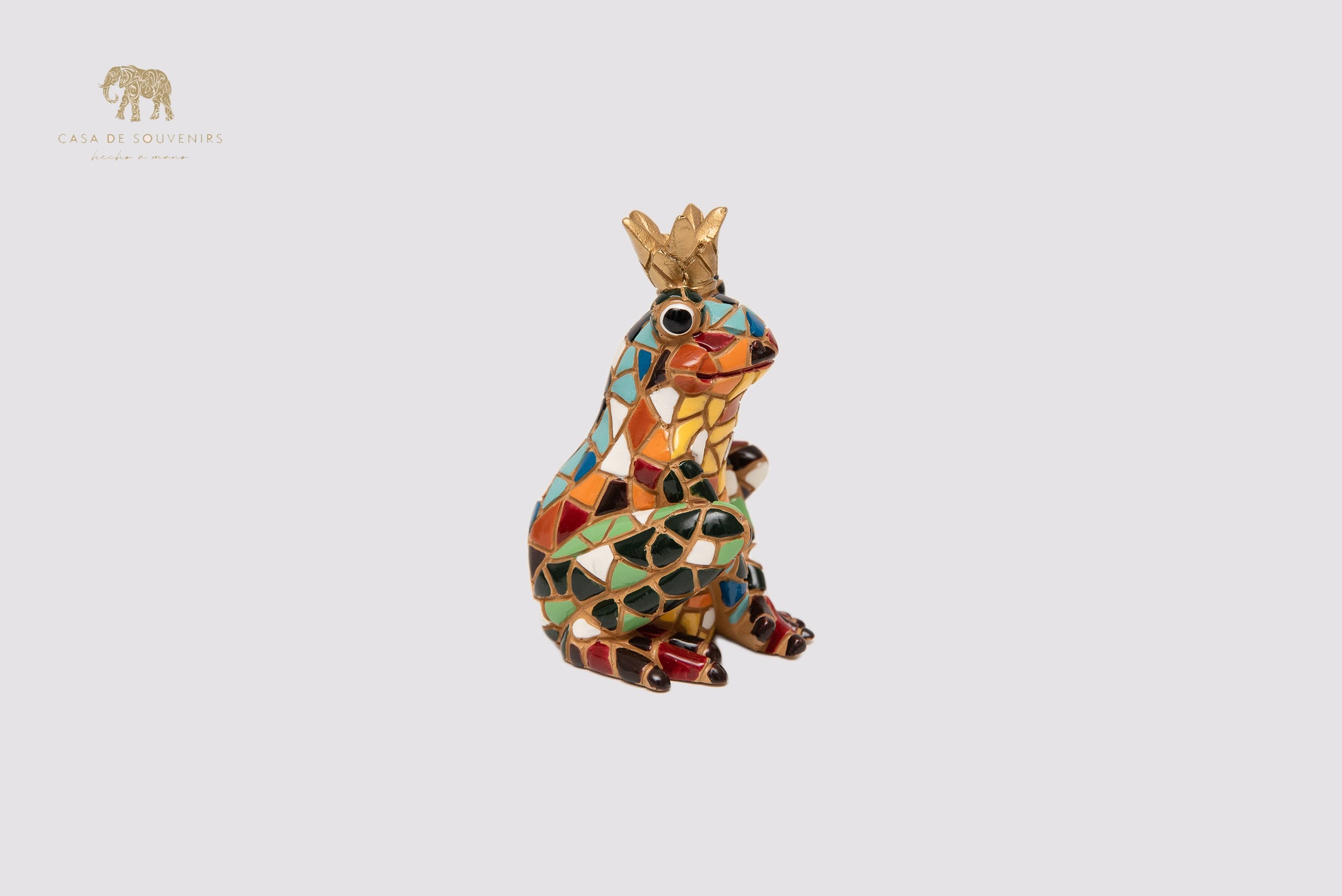 Mosaic King Frog Statue With Beautiful Colors made with marble dust and with enamel. It's the best collection in Spain.