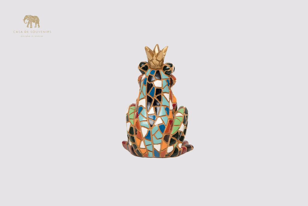 Mosaic King Frog Statue With Beautiful Colors made with marble dust and with enamel. It's the best collection in Spain.