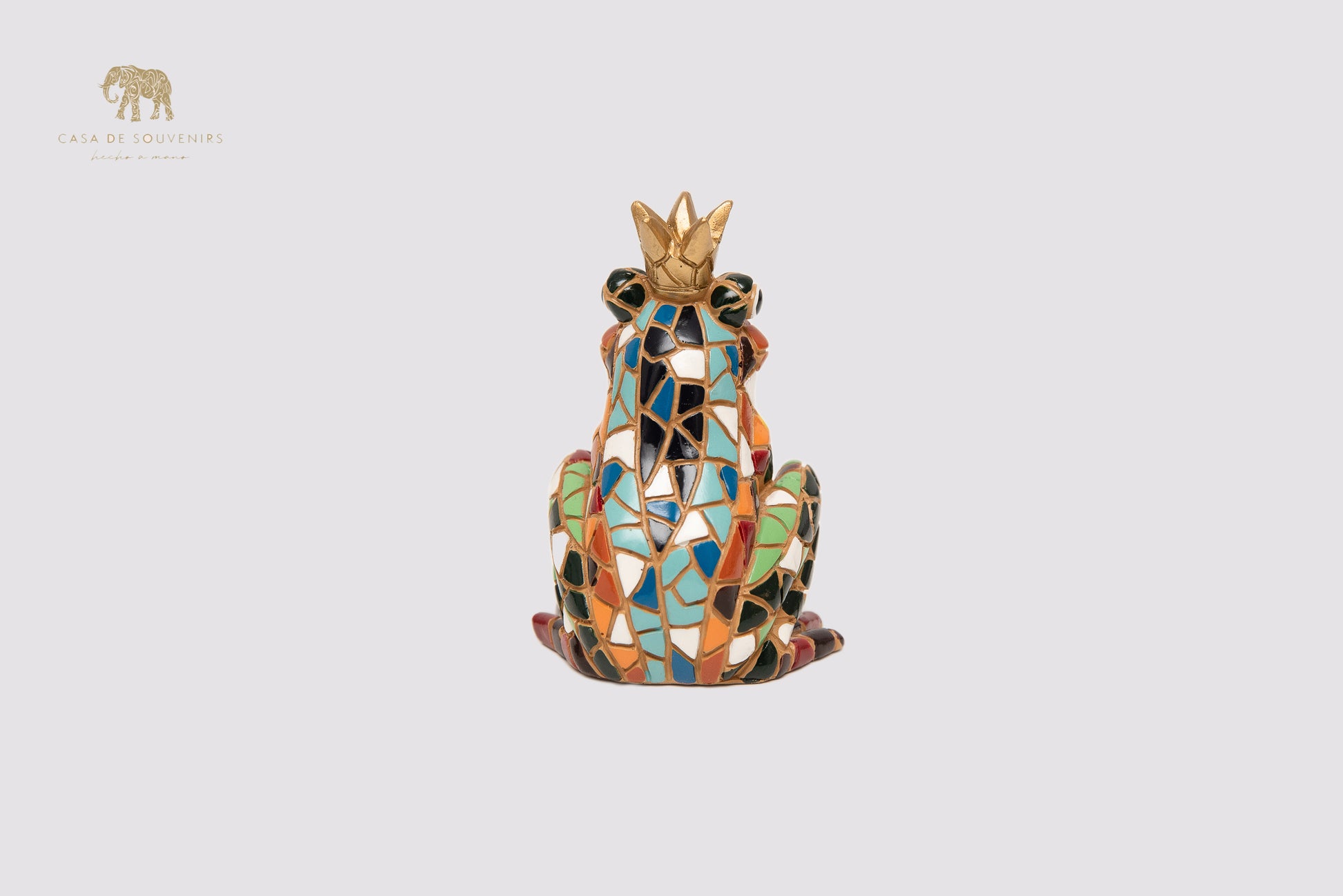 Mosaic King Frog Statue With Beautiful Colors made with marble dust and with enamel. It's the best collection in Spain.