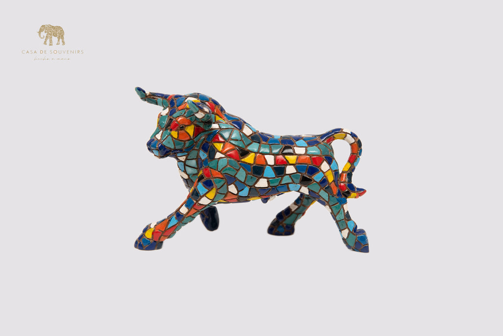 Mosaic Blue And White Bull statue made with marble dust and with enamel. It's the best collection in Spain.