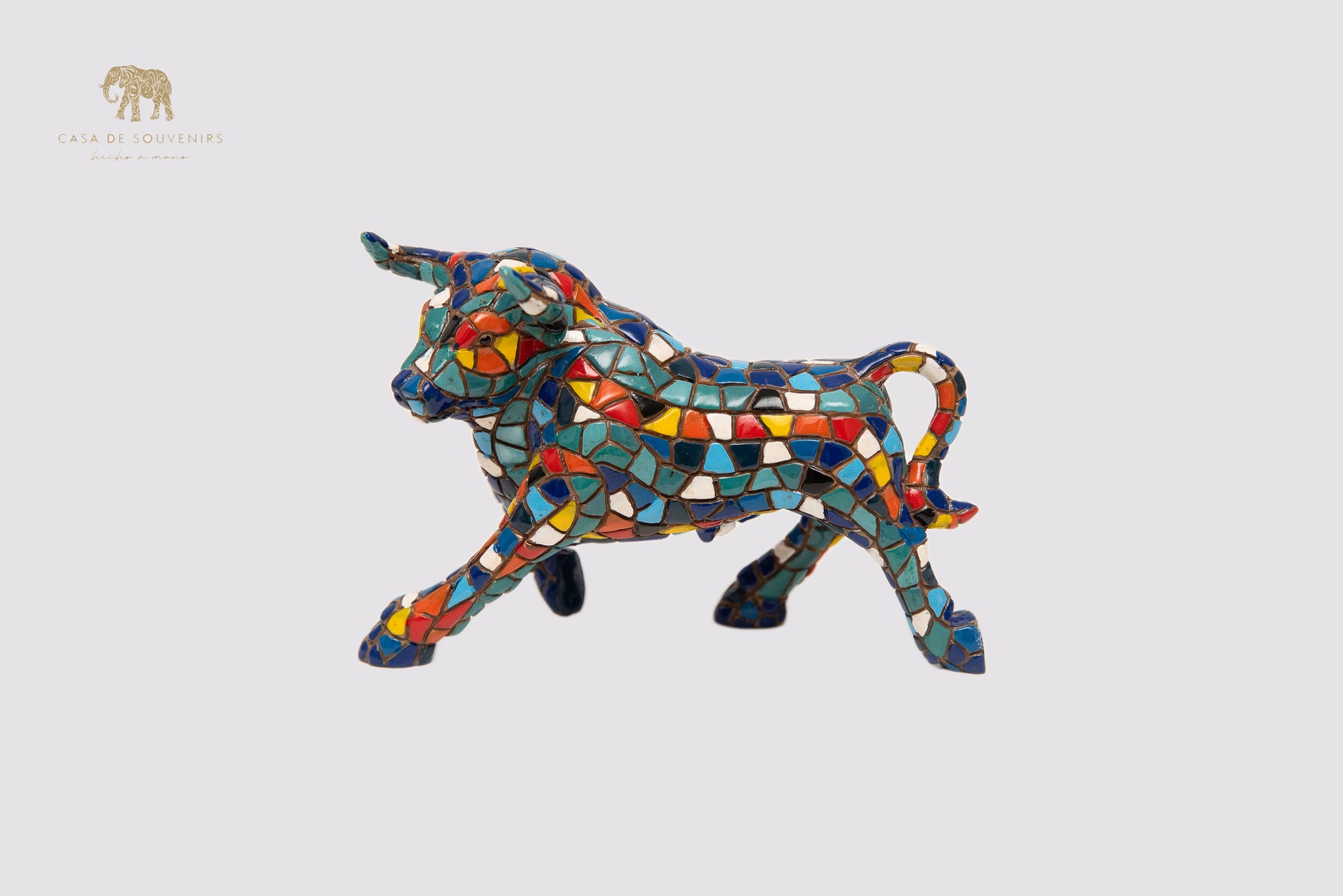 Mosaic Blue And White Bull statue made with marble dust and with enamel. It's the best collection in Spain.