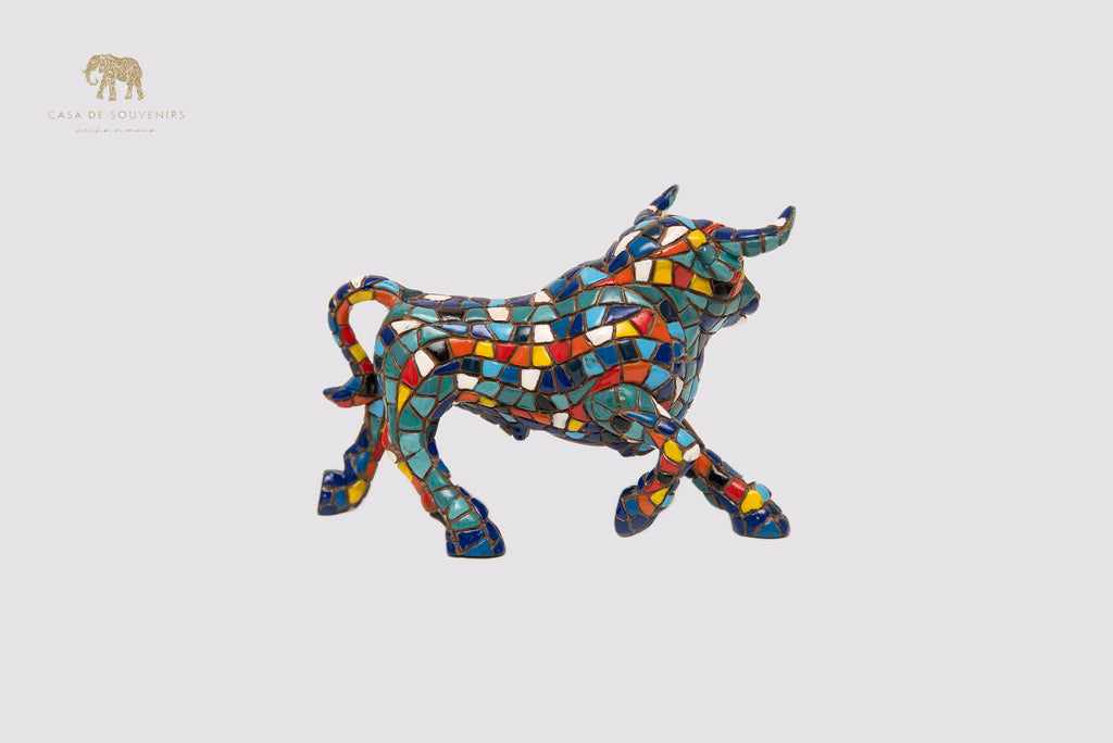 Mosaic Blue And White Bull statue made with marble dust and with enamel. It's the best collection in Spain.