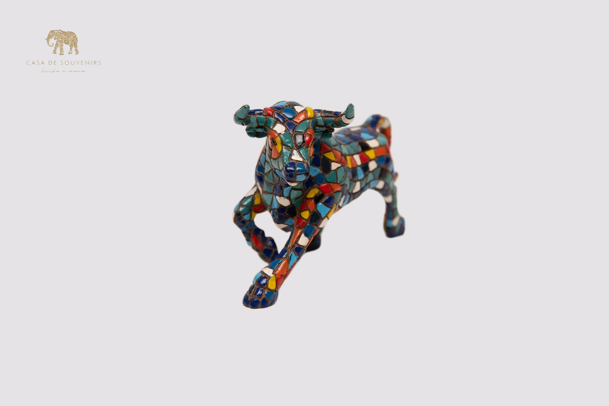 Mosaic Blue And White Bull statue made with marble dust and with enamel. It's the best collection in Spain.